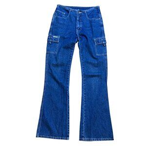 90s Y2K Womens Blue Denim Flared Cargo Jeans Size 3/4